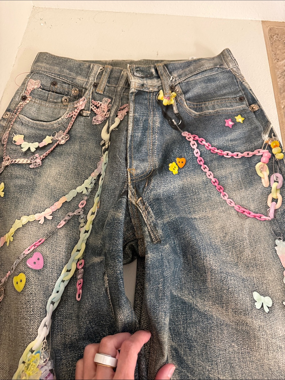 Acne Wide-Leg Dark Wash Jeans with Pastel Chain Embellishments - Picture 2 of 6
